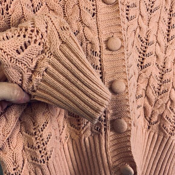 RACHEL ZOE Cardigan Sweater V-Neck Knit Crocheted 3 Button Pale Pink Ribbed Cuff - Picture 7 of 12
